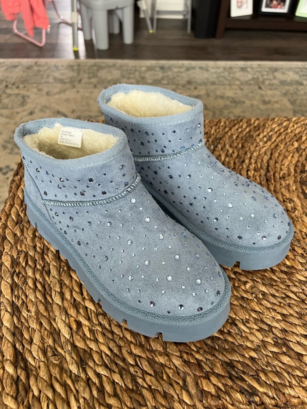 White Mountain Light Blue Crystal Suede Cozy Ankle Booties